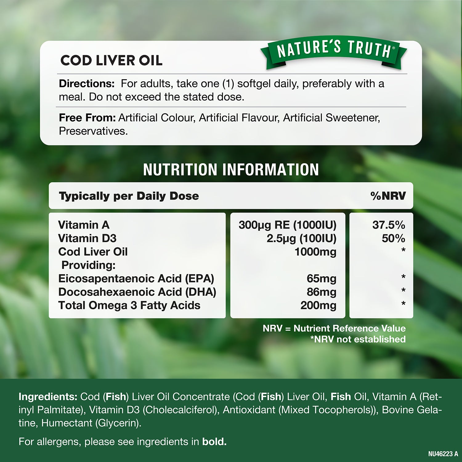 Nature's Truth Cod Liver Oil 1000mg with Vitamin D+A 60 softgels (British brand)