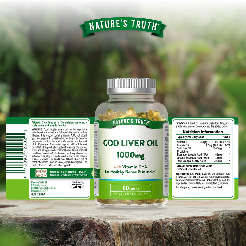 Nature's Truth Cod Liver Oil 1000mg with Vitamin D+A 60 softgels (British brand)