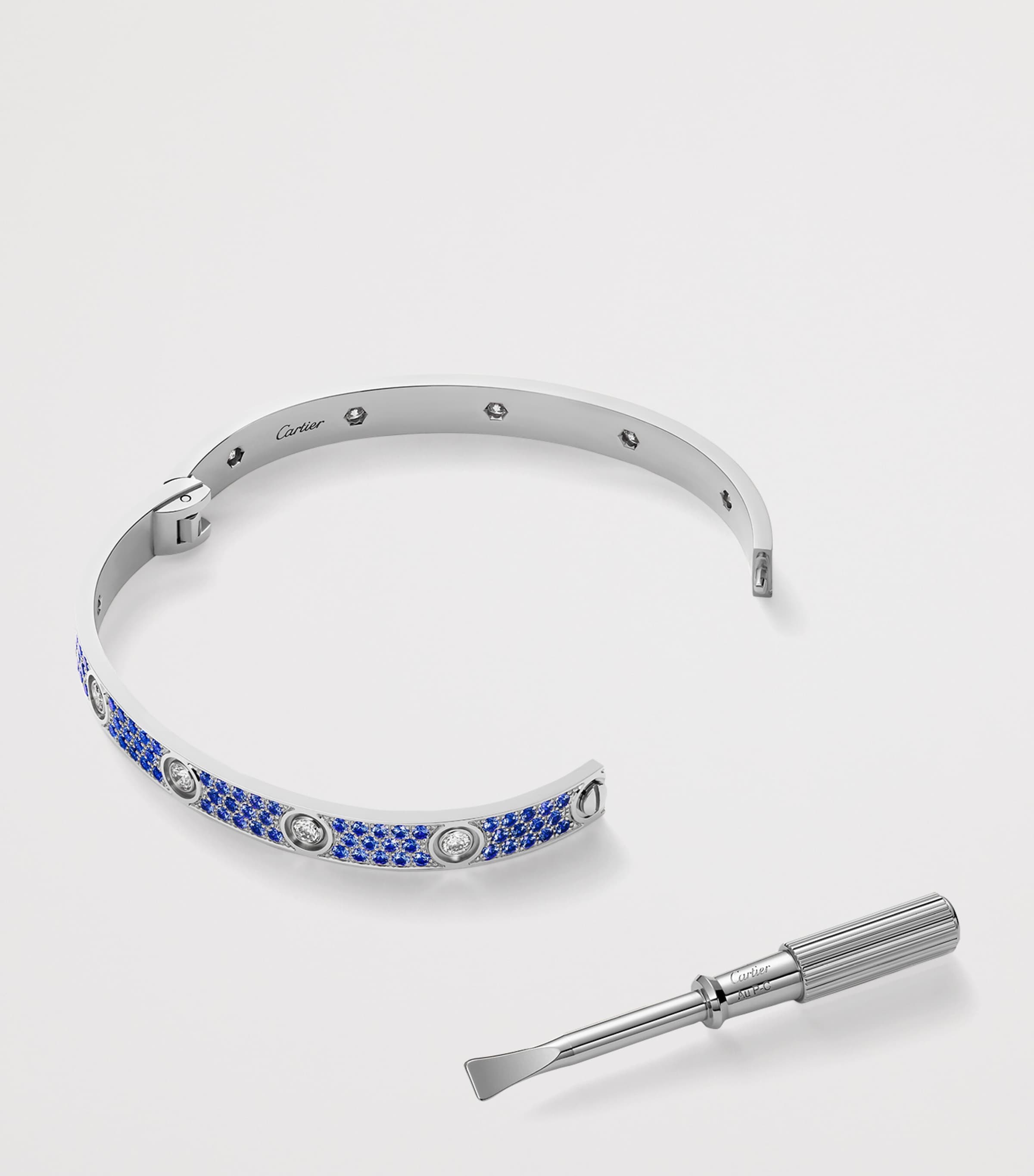 Cartier white gold LOVE bracelet with diamonds and sapphires, UK version