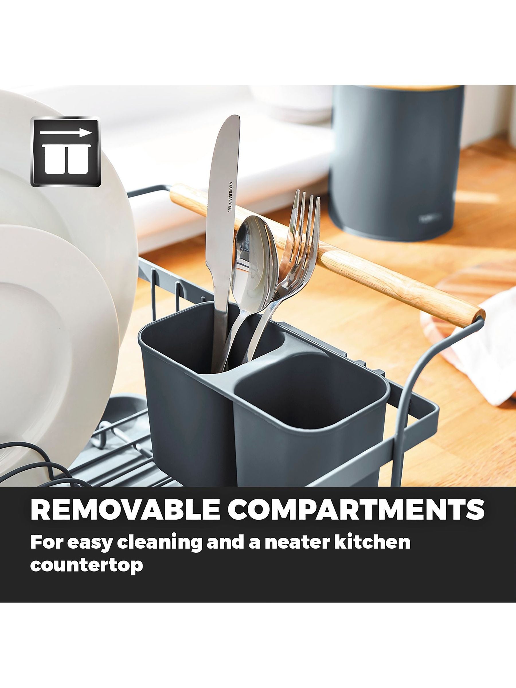 Tower grey scandi dish rack with wooden handles - British product