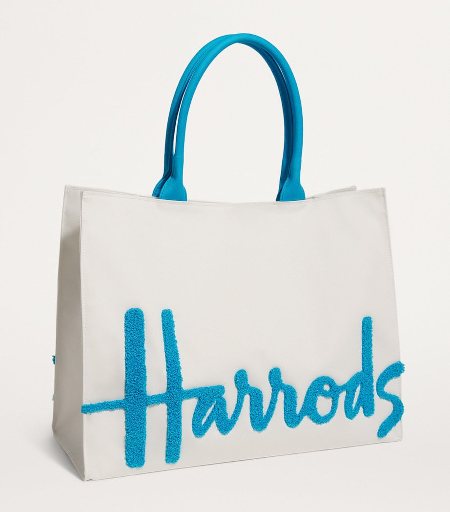 Harrods large cotton logo tote bag in ivory and blue, UK version