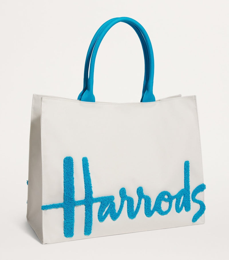 Harrods large cotton logo tote bag in ivory and blue, UK version