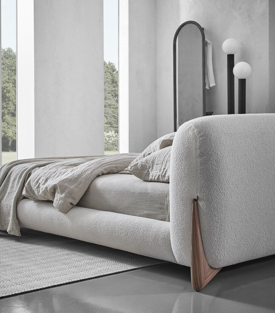 Minimalist Upholstered Bed with Adjustable Headboard and Walnut Wood Feet 240cm Wide