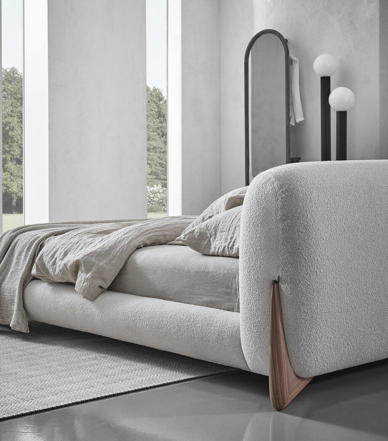 Minimalist Upholstered Bed with Adjustable Headboard and Walnut Wood Feet 240cm Wide