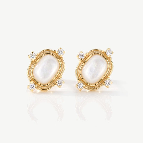 MUCHV white pearl stud earrings 18k gold or silver (British brand)