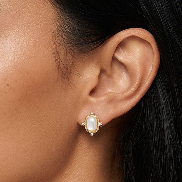 MUCHV white pearl stud earrings 18k gold or silver (British brand)