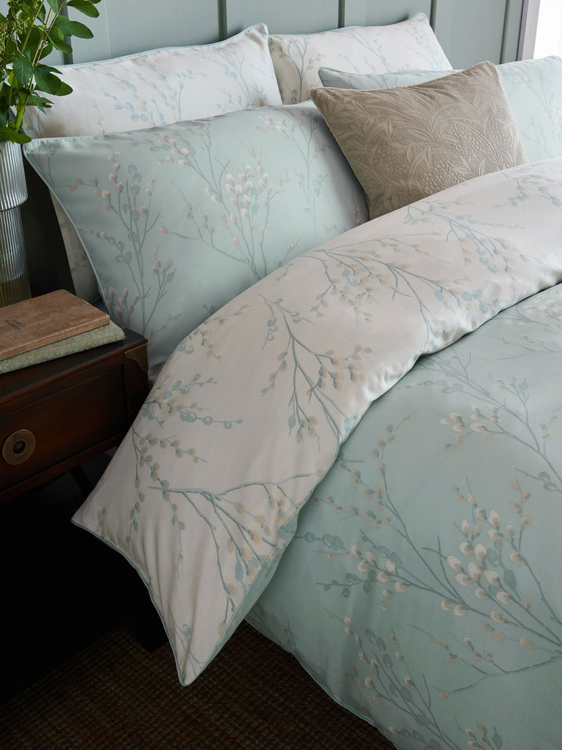 Laura Ashley blue duck egg reversible sateen Pussy Willow duvet cover and pillowcase set, UK version