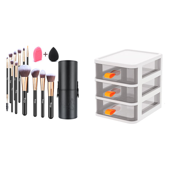 Livingandhome Brush Set Gold & 3-Drawer Sorage Box