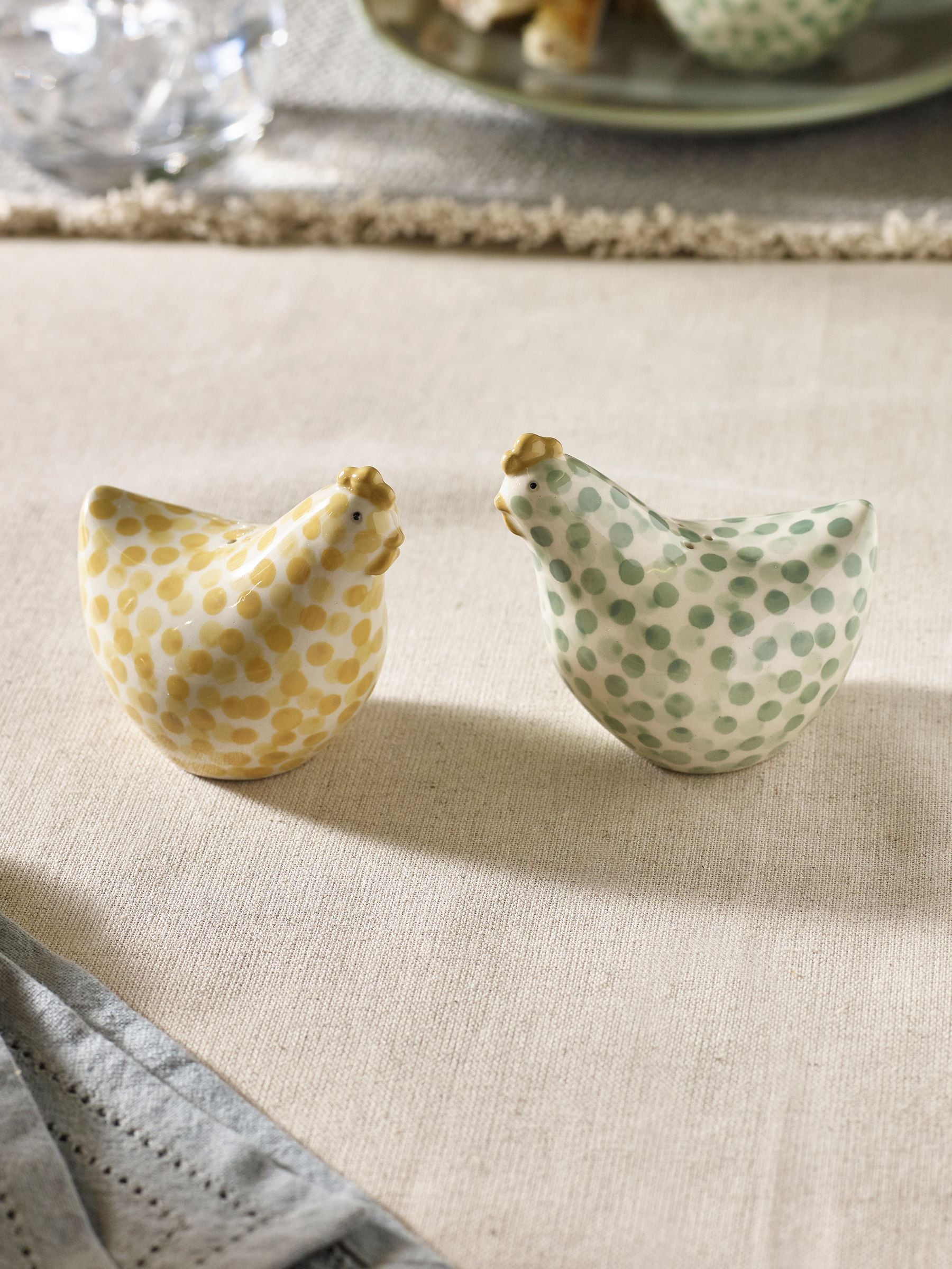 Salt and pepper shakers with Pat and Peggy chicken design in sage green (British brand)