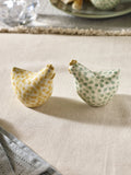 Salt and pepper shakers with Pat and Peggy chicken design in sage green (British brand)