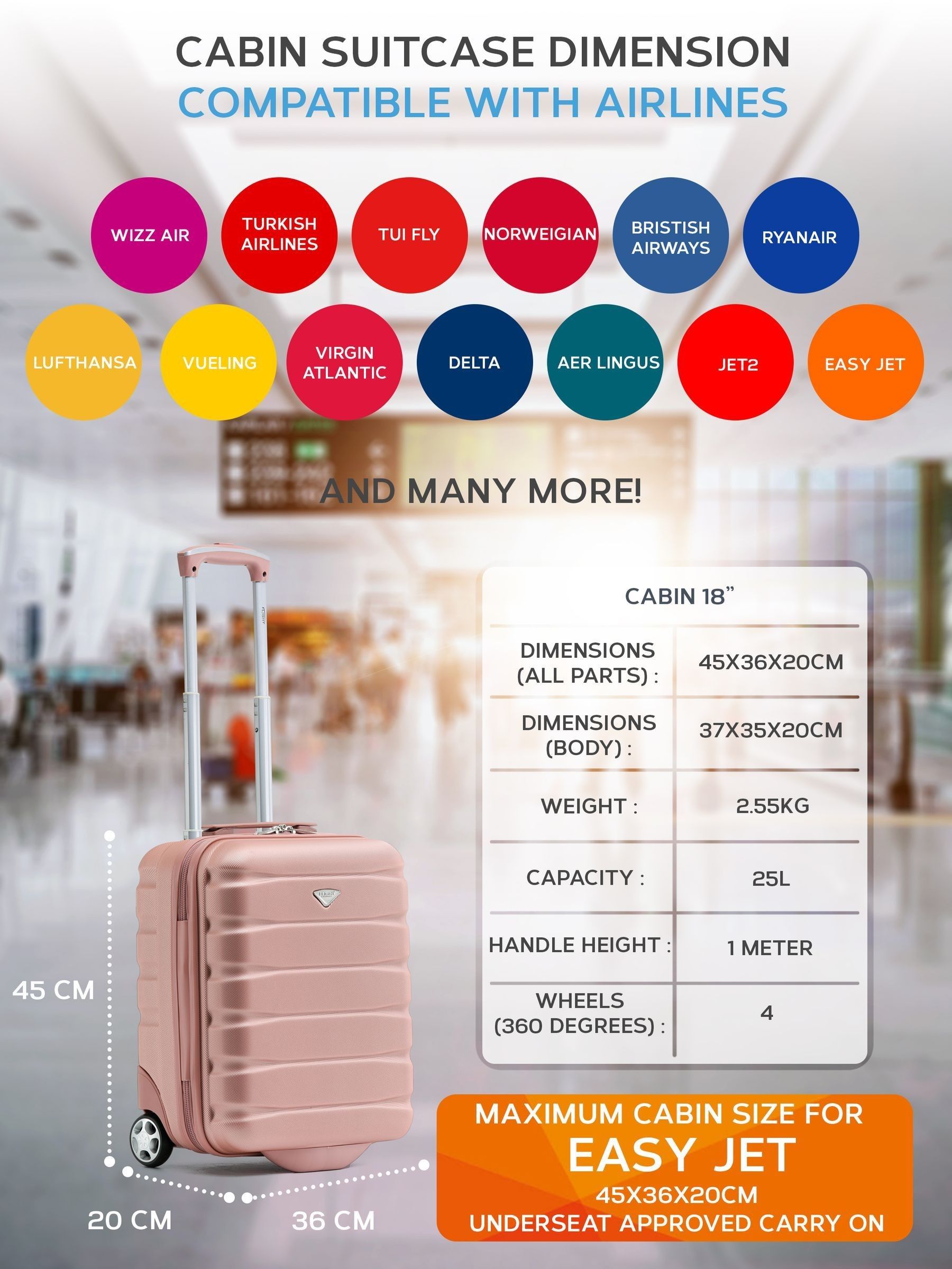 Flight Knight underseat cabin luggage Rose Gold 45x36x20cm, imported from the UK