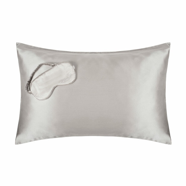 Cocoonzzz mulberry silk pillowcase and eyemask set in platinum, imported from the UK