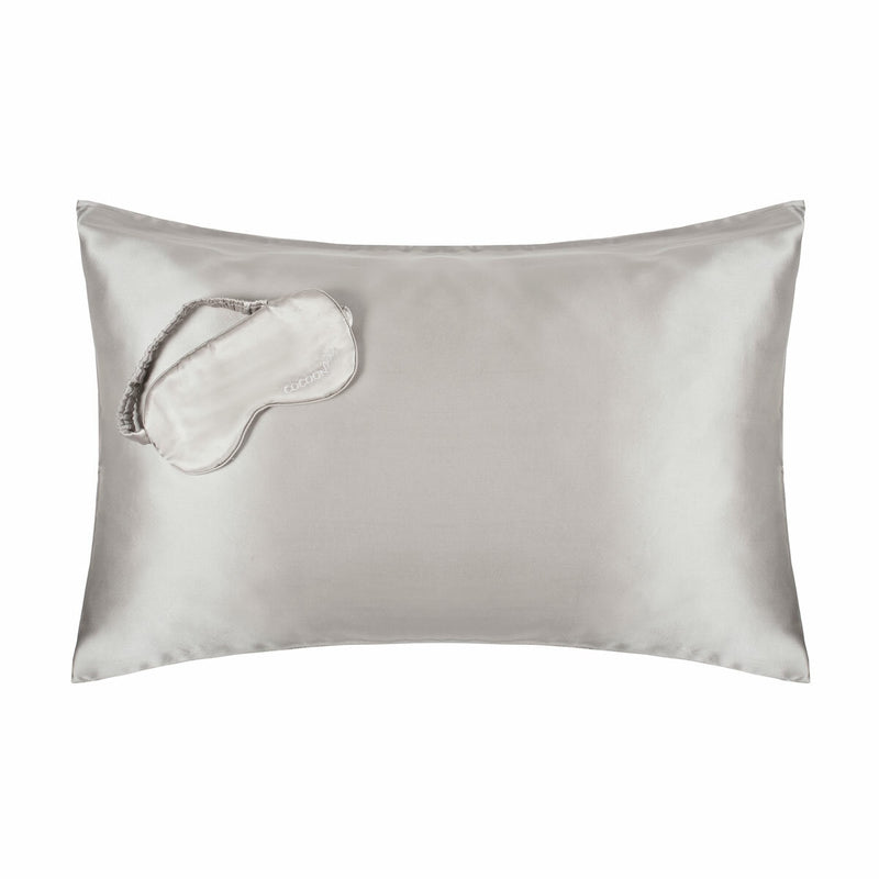 Cocoonzzz mulberry silk pillowcase and eyemask set in platinum, imported from the UK