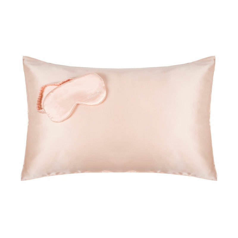 Cocoonzzz pink mulberry silk pillowcase and eyemask set, UK version