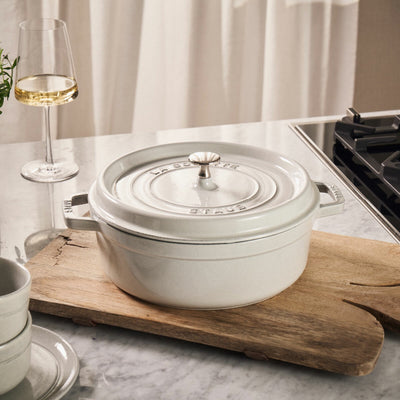 Costco UK STAUB Shallow Cocotte White Truffle 26cm Cast Iron Cocotte 3.7L- Buy online at McGrocer