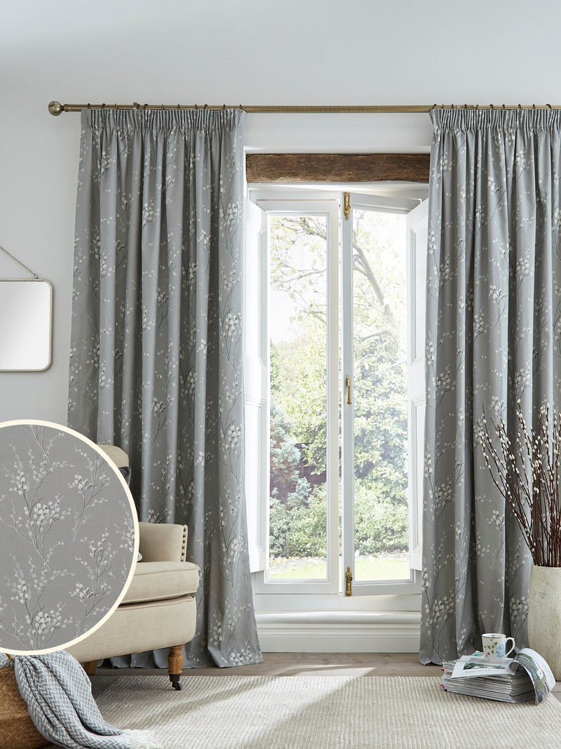 Laura Ashley grey steel pussy willow pencil pleat curtains, UK version