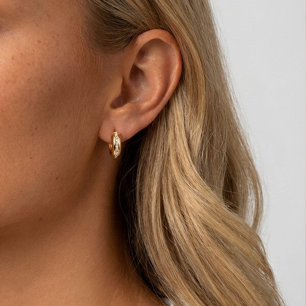 MUCHV gold huggie hoop earrings with cubic zirconia stones, UK version