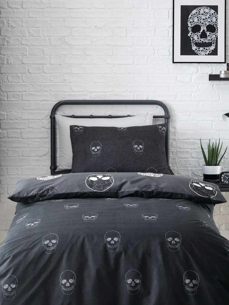 Catherine Lansfield grey skulls reversible duvet cover set - British product