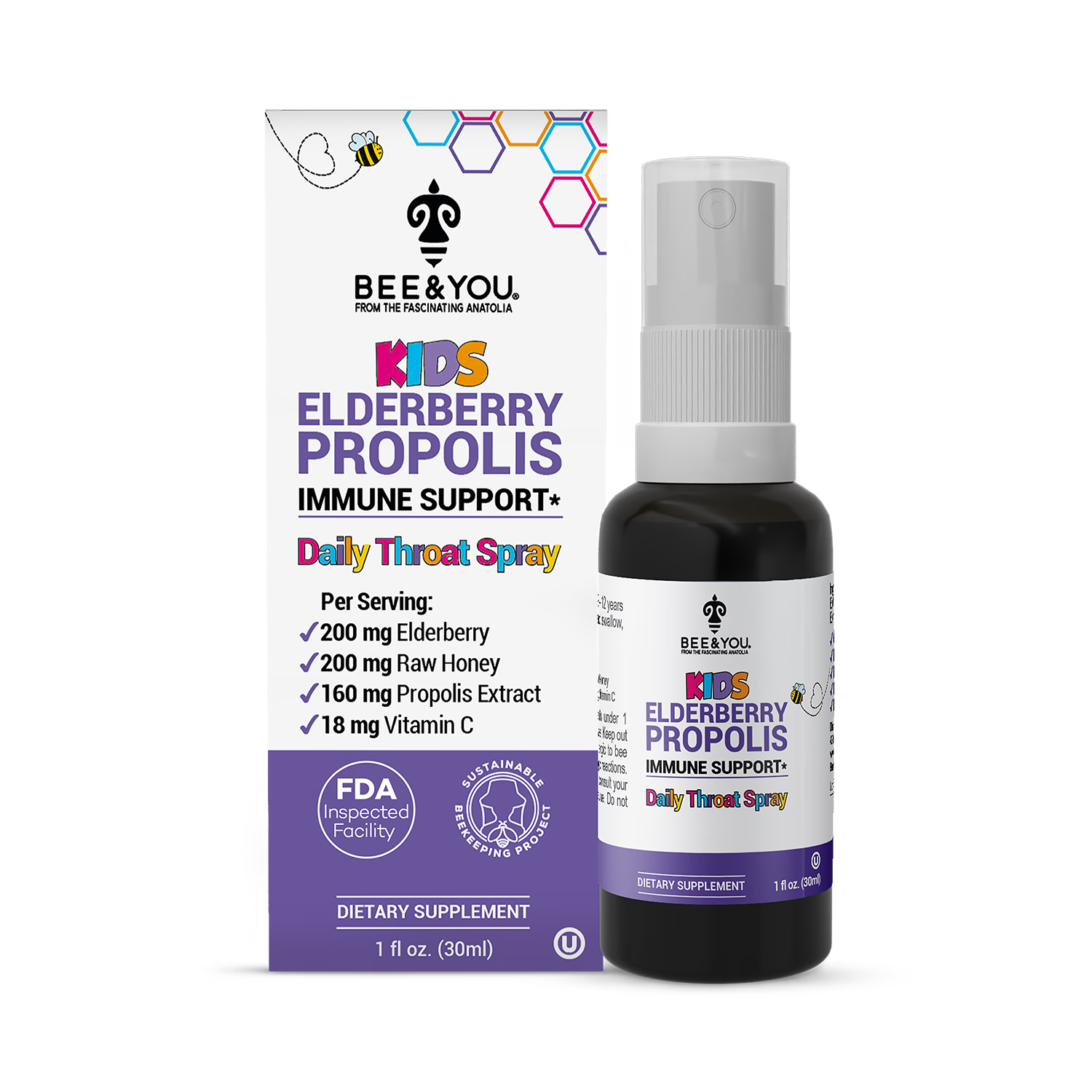 BEE&YOU propolis elderberry honey throat spray for kids 30ml (British brand)