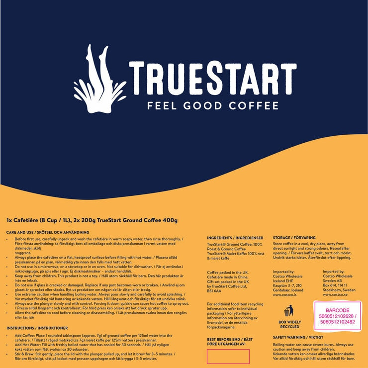 TrueStart coffee cafetiere set with ground coffee 1L 400g, UK version