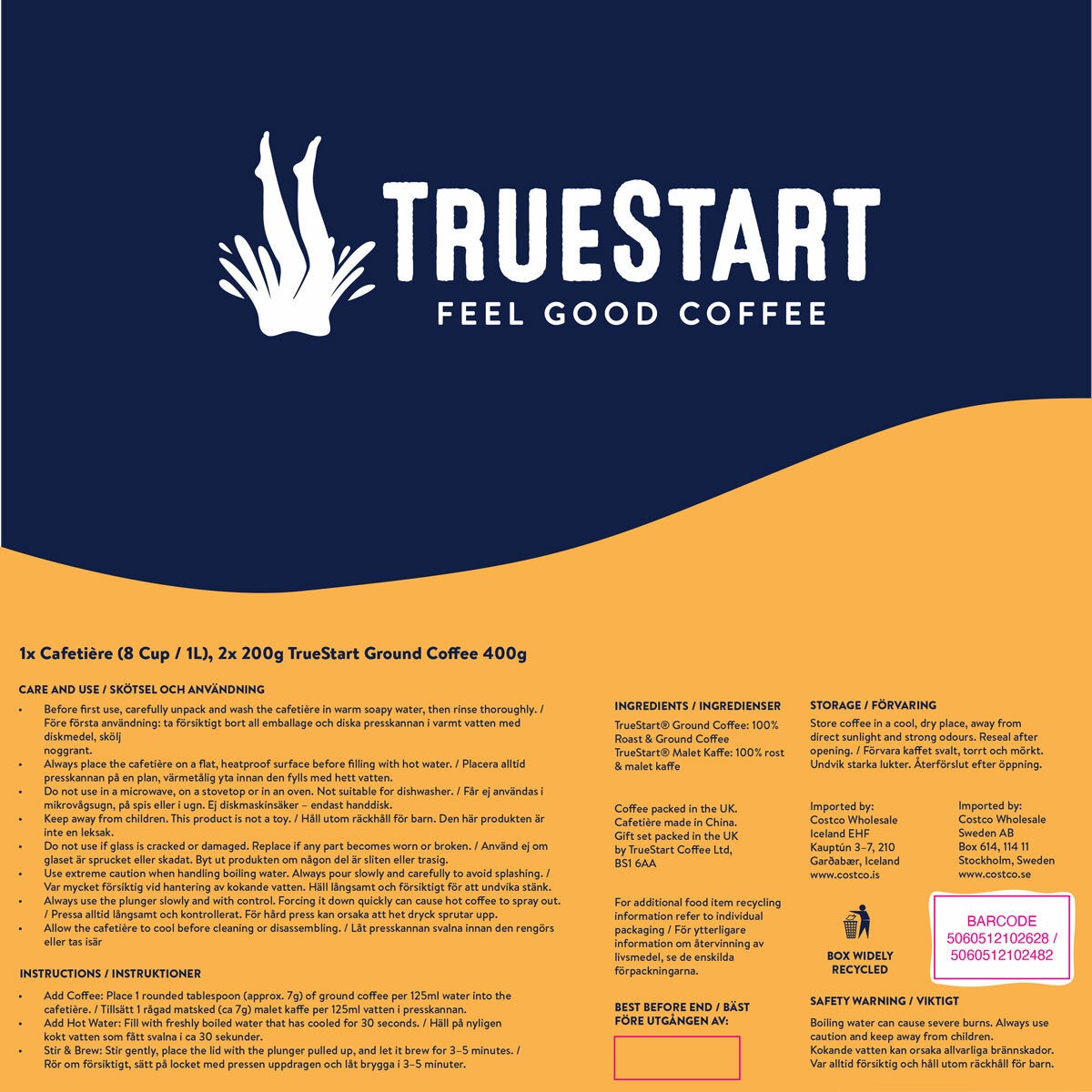 TrueStart coffee cafetiere set with ground coffee 1L 400g, UK version