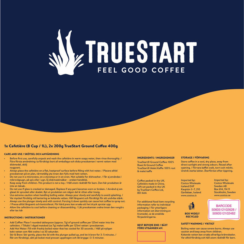 TrueStart coffee cafetiere set with ground coffee 1L 400g, UK version