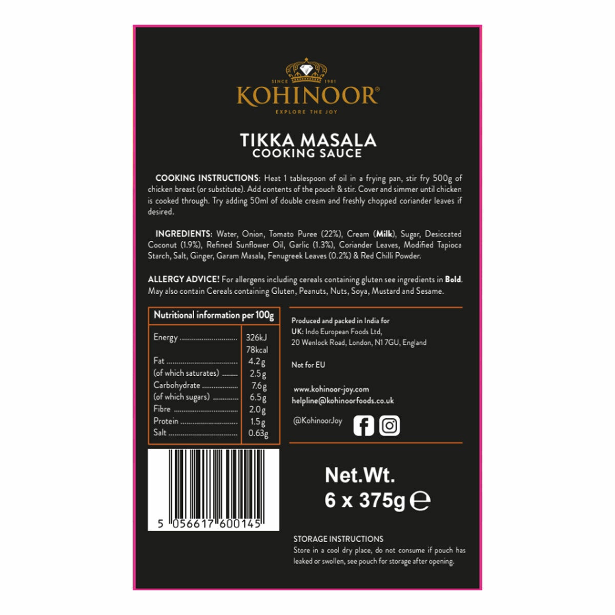 Kohinoor Tikka Masala sauce 6 x 375g - British product