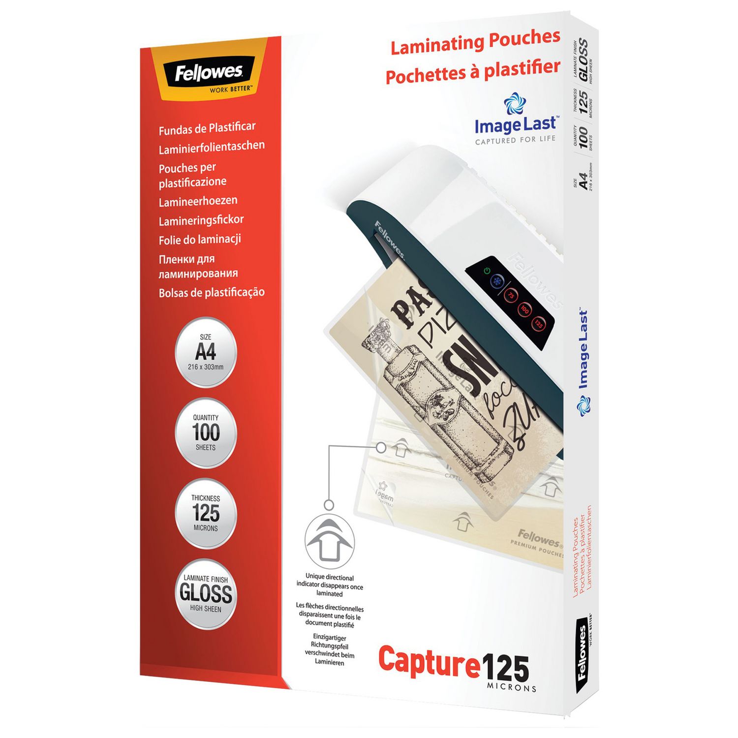 Fellowes laminating pouches 125 micron gloss A4 pack of 100 - British product