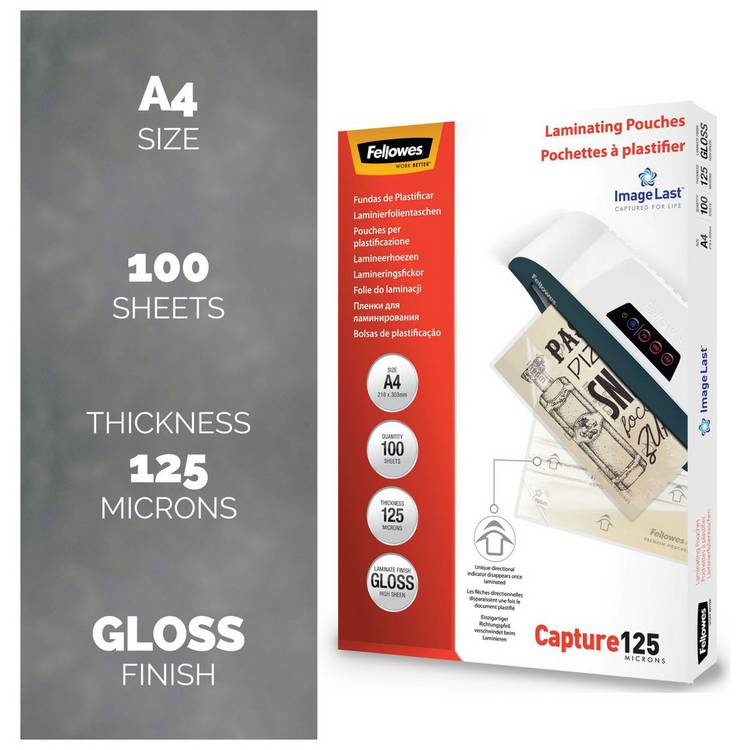 Fellowes laminating pouches 125 micron gloss A4 pack of 100 - British product