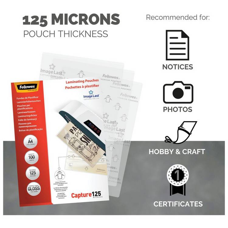 Fellowes laminating pouches 125 micron gloss A4 pack of 100 - British product