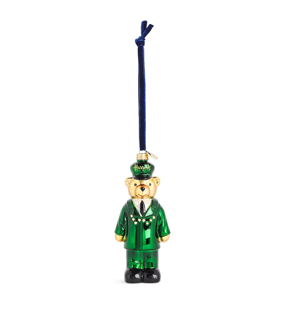 Harrods Green Man bear ornament with glass outer and velvet loop, UK version