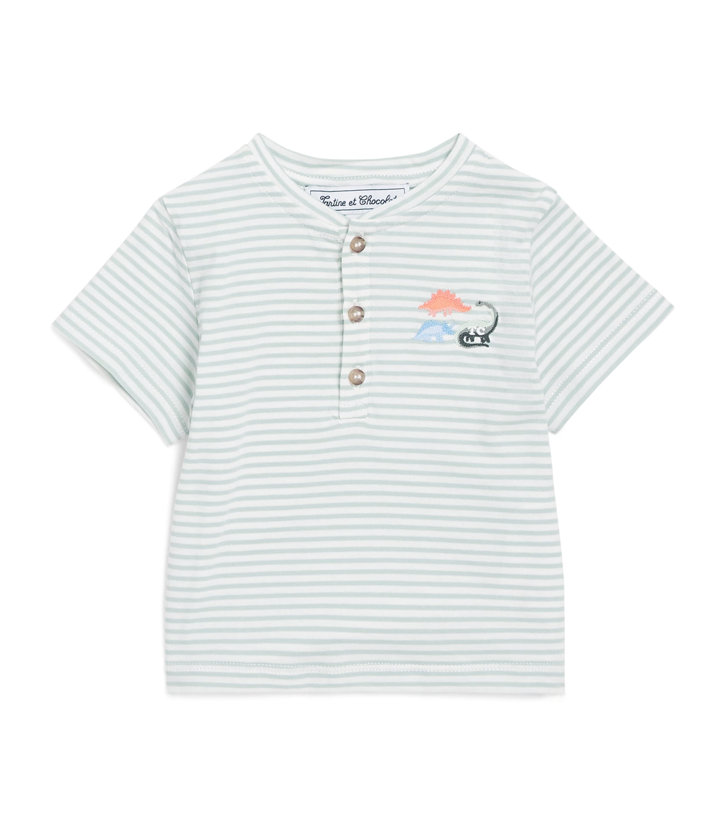 Tartine et Chocolat striped button-up T-shirt with dinosaur embroidery for children 3 months to 4 years (British brand)