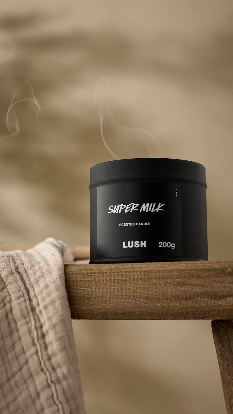 Lush Super Milk single wick scented candle, imported from the UK