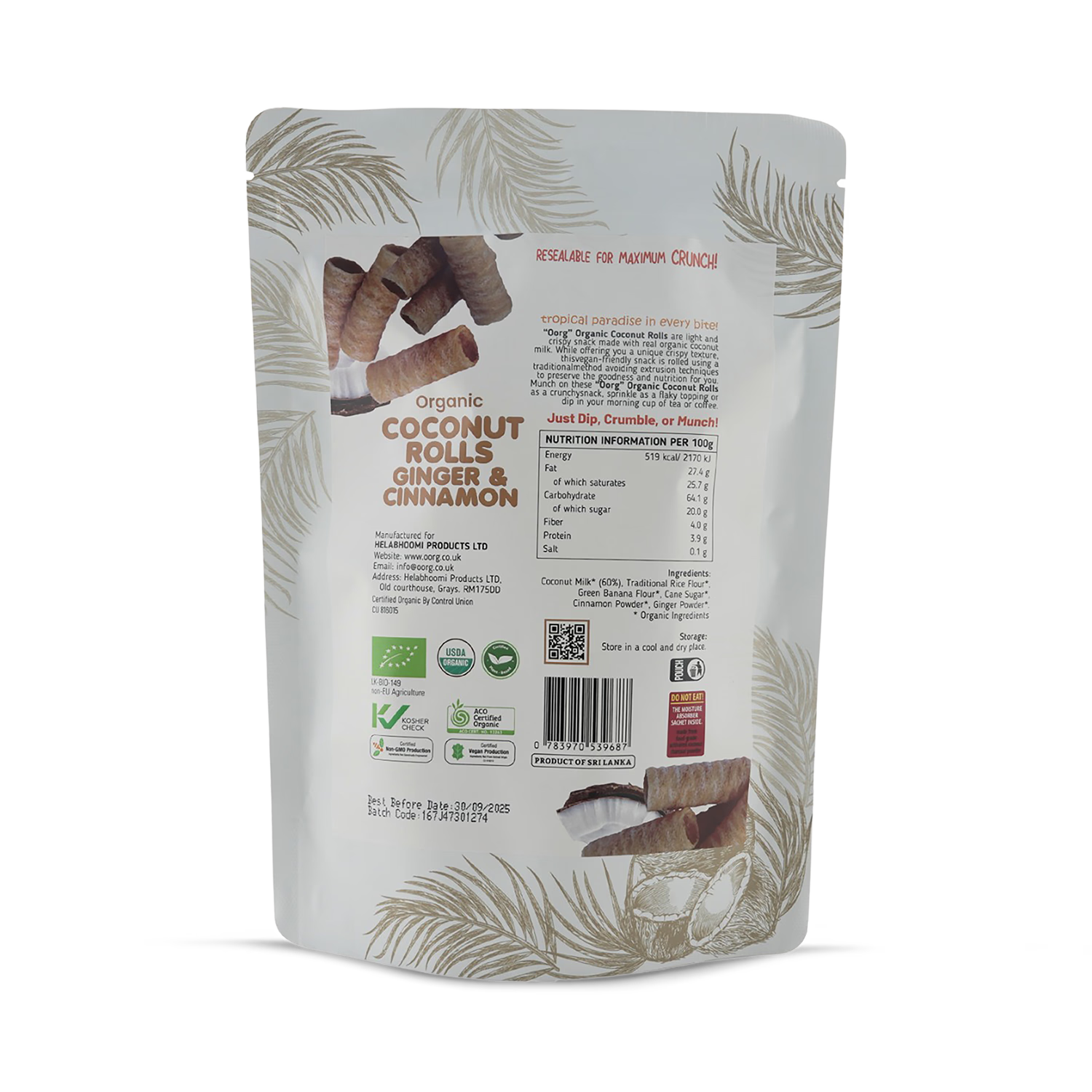 OORG Coconut Rolls Ginger & Cinnamon 100g, UK version
