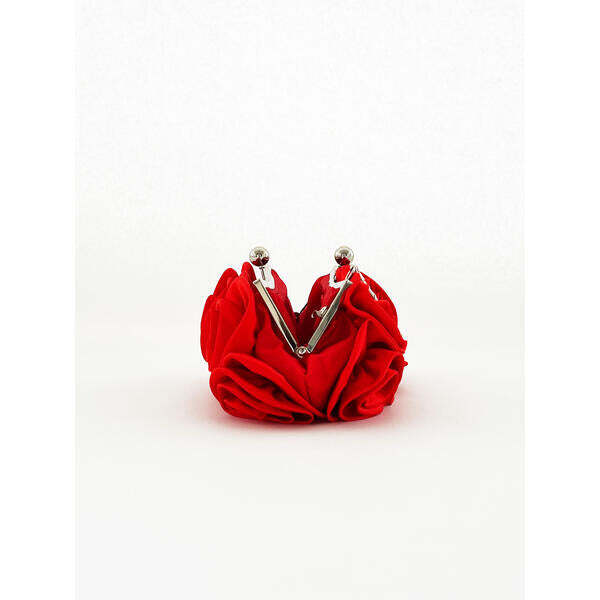 SVNX 3D rose satin clutch bag with chain strap in red, UK version