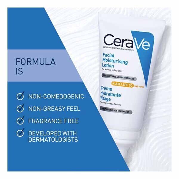 Cerave AM Facial Moisturiser SPF50 Normal to Dry Skin 52ml GOODS Superdrug   