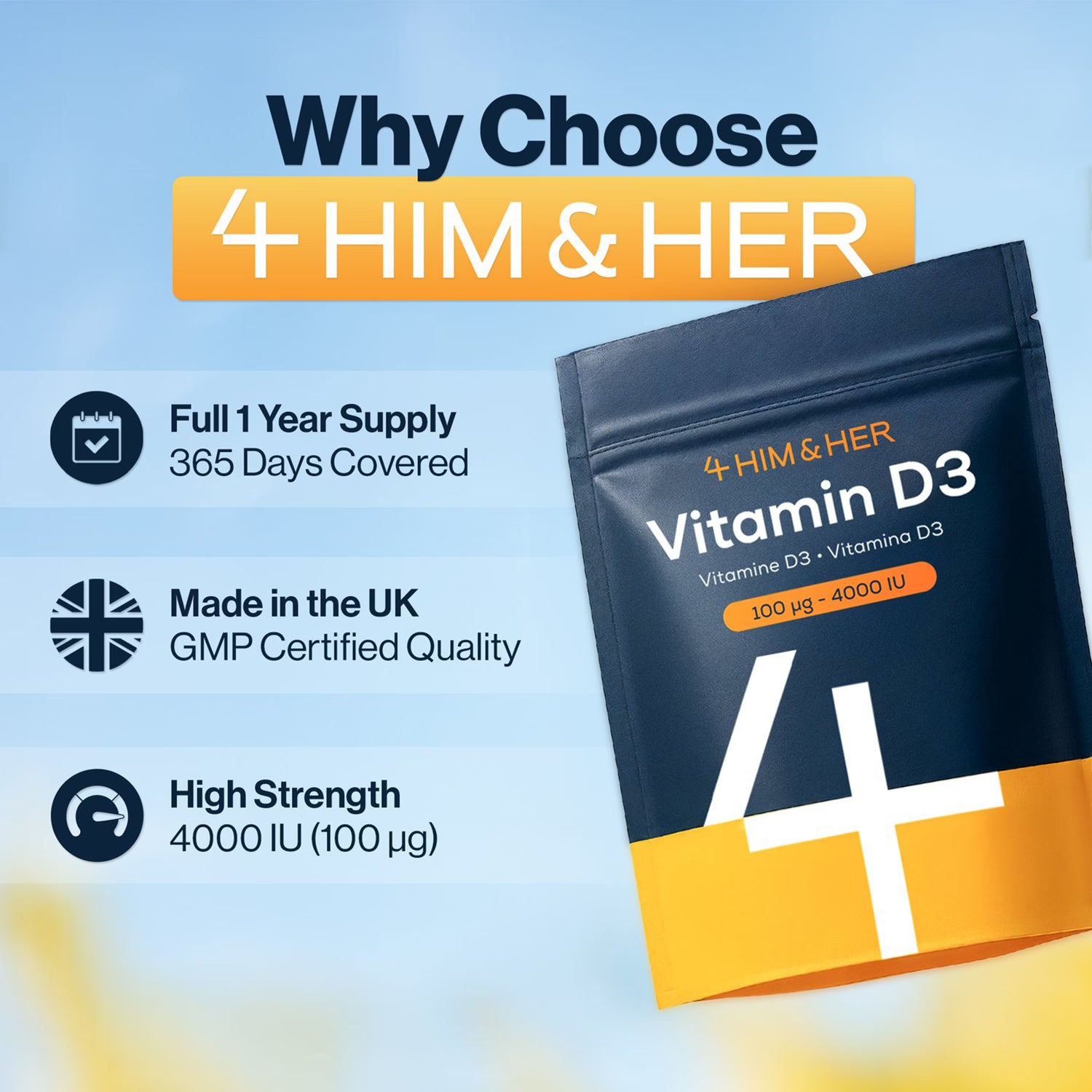 4 Him & Her Vitamin D3 supplement 4000 IU 365 tablets, UK version