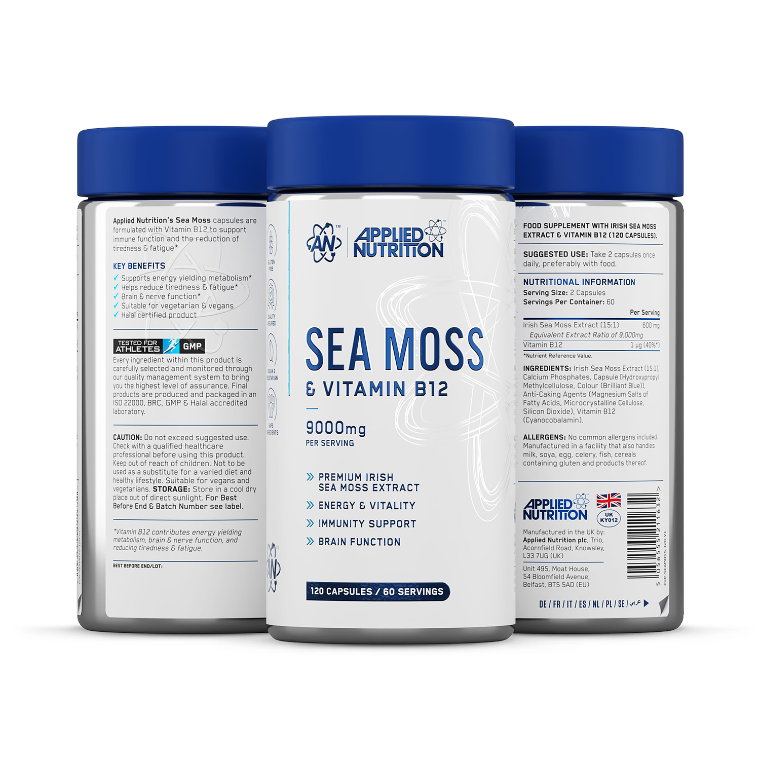 Applied Nutrition Sea Moss with Vitamin B12 capsules 120, imported from the UK