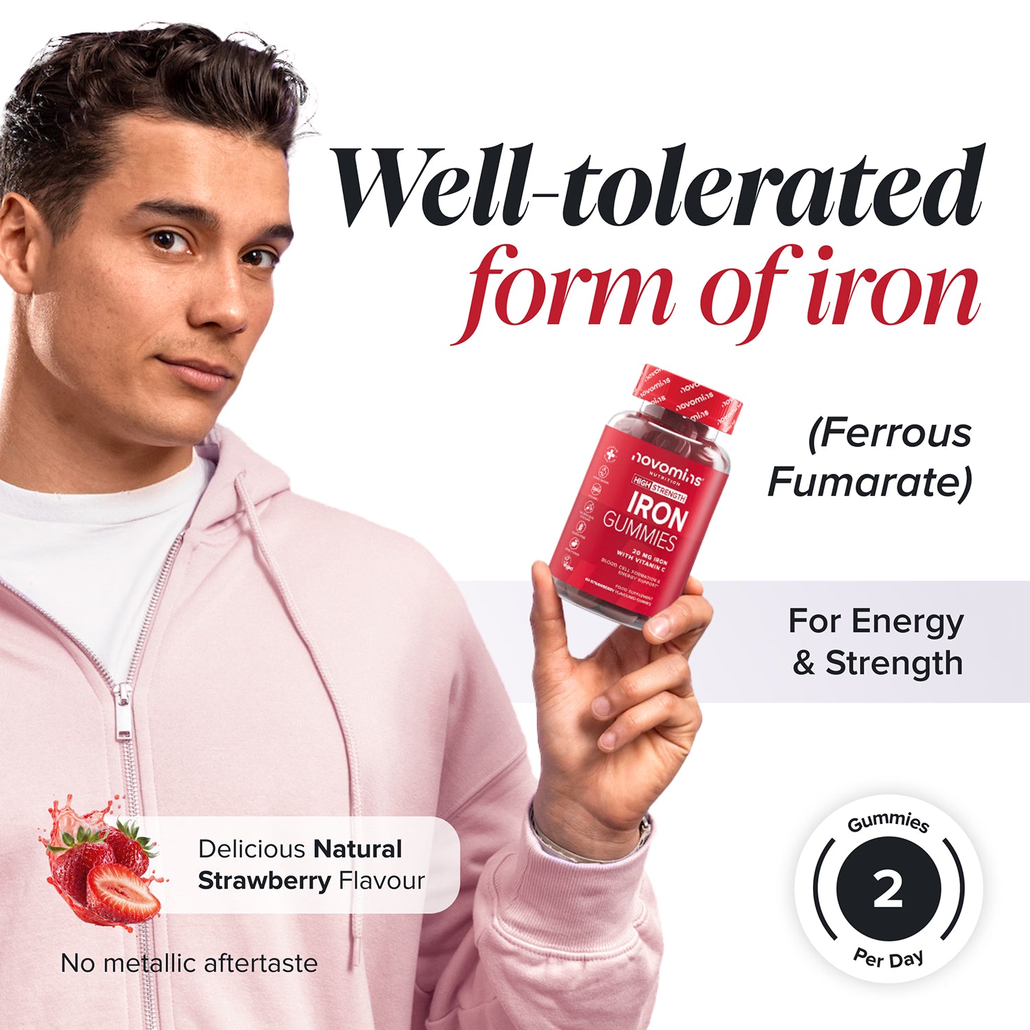 Novomins iron gummies strawberry flavoured 60 gummies, UK version