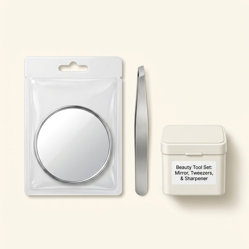No7 Eye Accessories Bundle with tweezers mirror and sharpener (British brand)