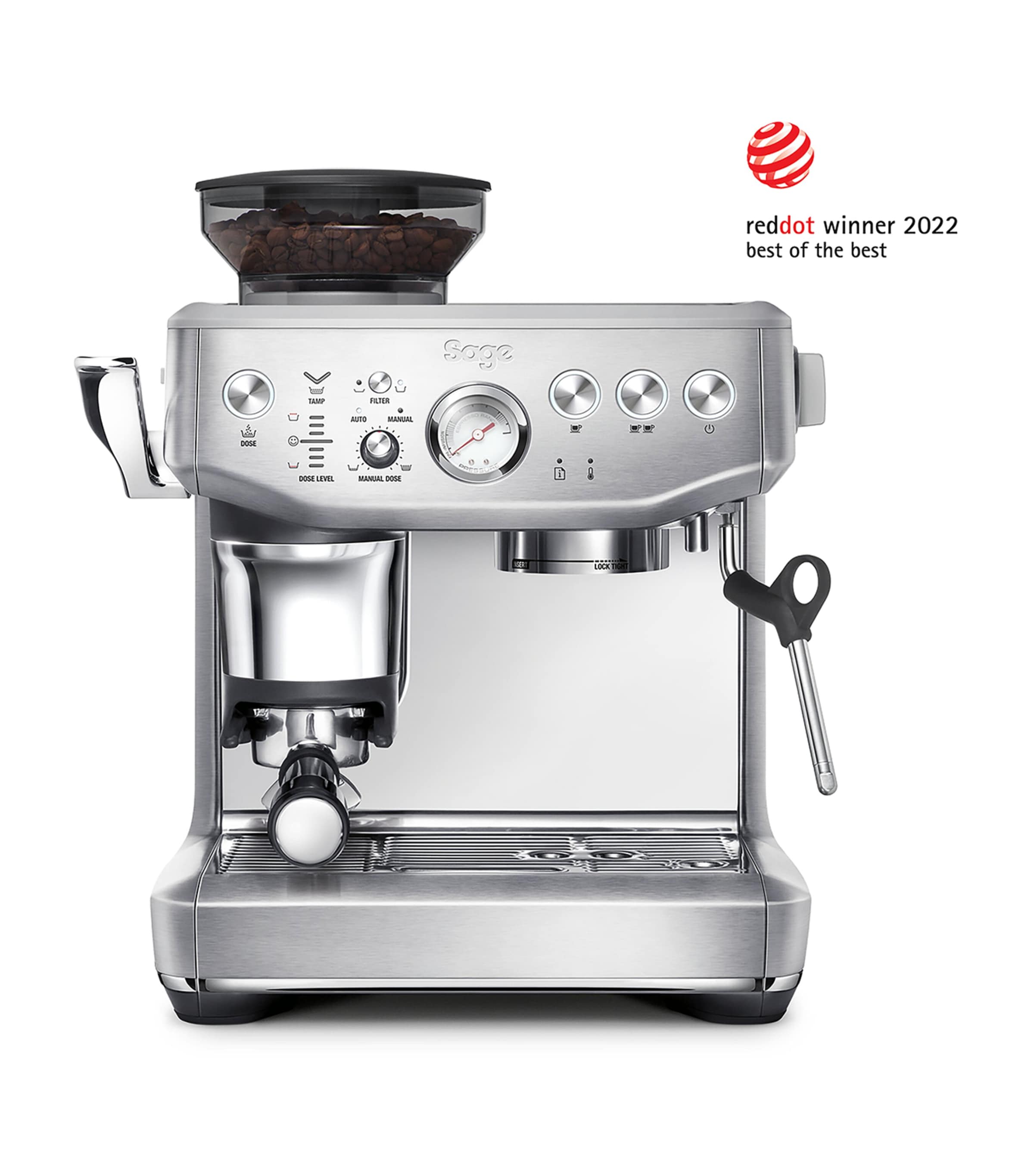 Sage Barista Express Impress coffee machine with integrated grinder and 2L water tank (British brand)