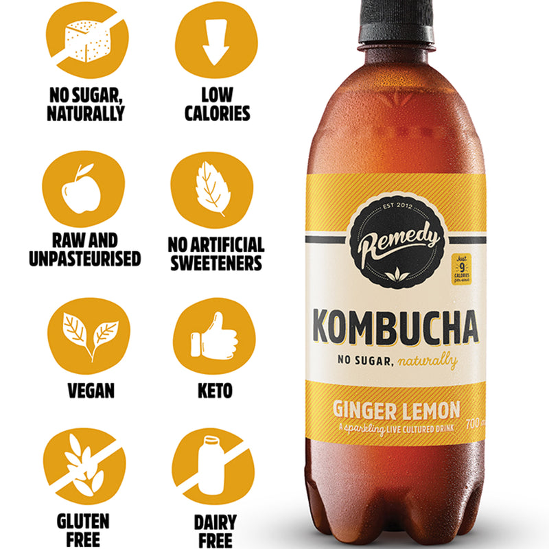 Remedy kombucha ginger lemon 700ml, imported from the UK