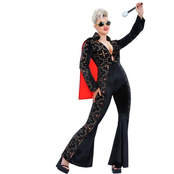 Smiffys Elvis black rhinestone costume jumpsuit with cape (British brand)