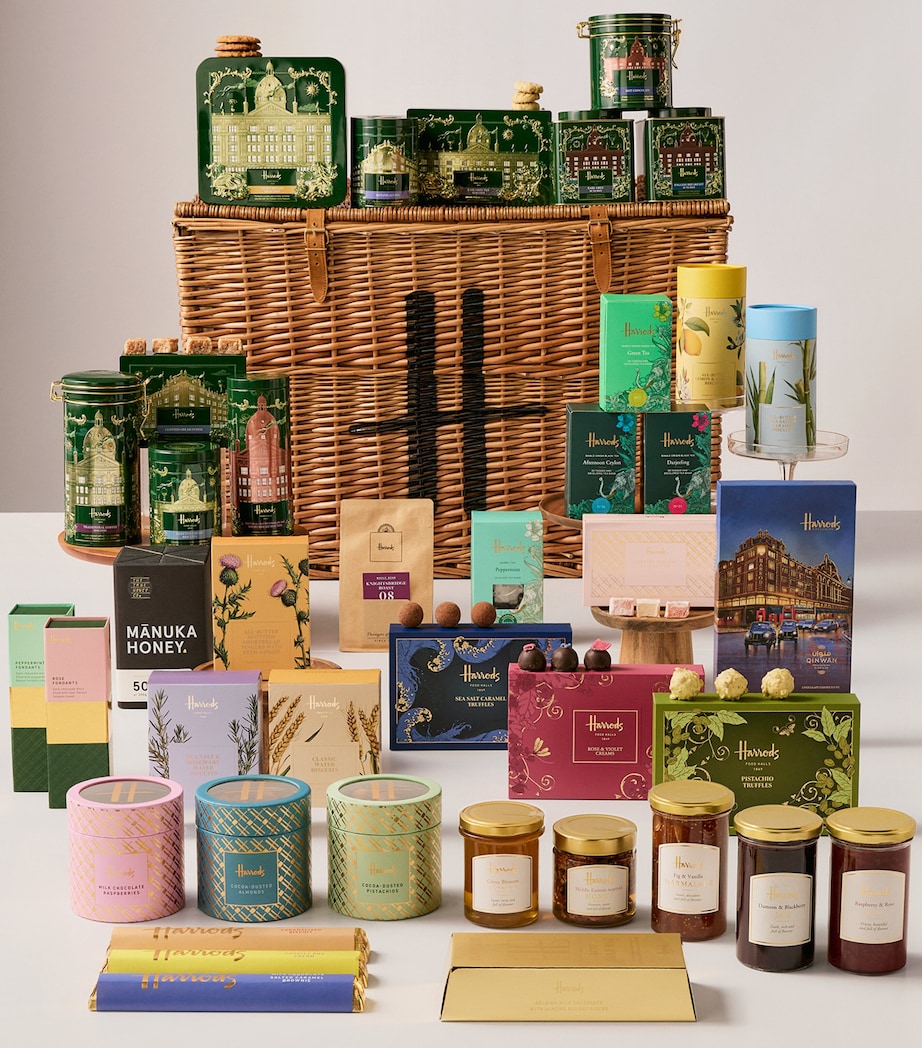 Harrods Indulgence Hamper wicker basket with assorted treats (British brand)