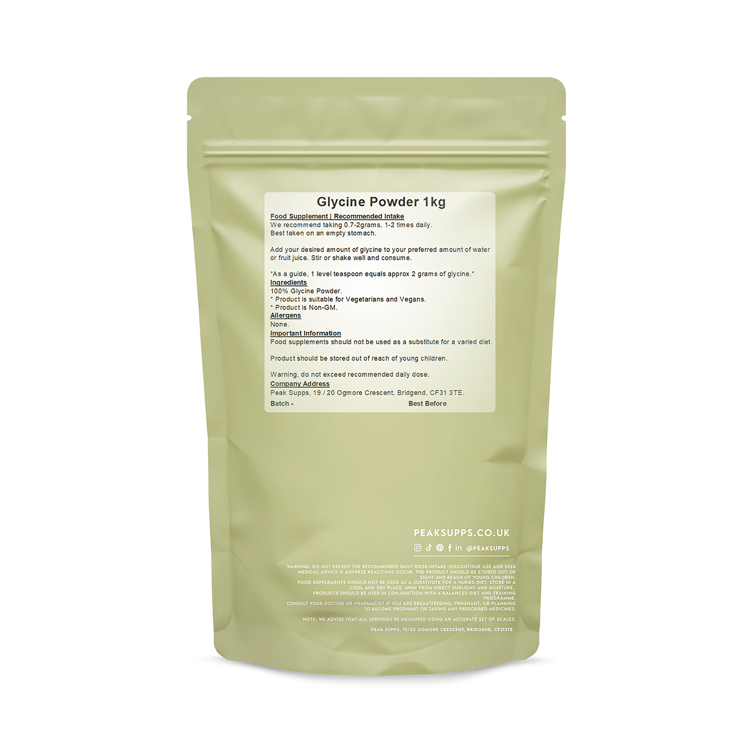 Peak Supps glycine powder 1kg, imported from the UK