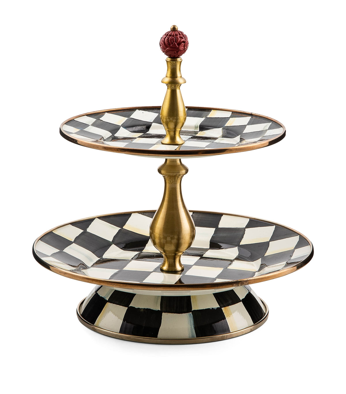 MacKenzie-Childs two-tier enamel cake stand with brass accents, 27cm, imported from the UK