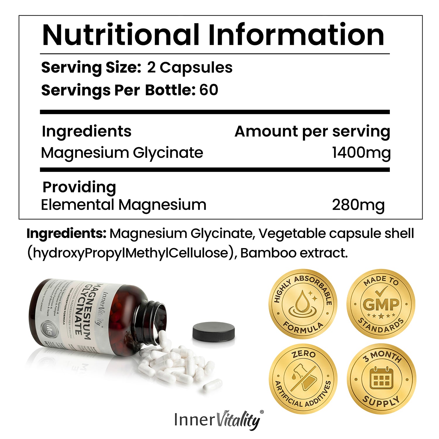 Inner Vitality Magnesium Glycinate capsules 180, imported from the UK