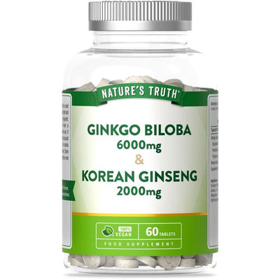 Superdrug Nature's Truth Ginkgo Biloba 6000mg & Korean Ginseng 2000mg Herbal Supplement Tablets, 60 Count- Buy online at McGrocer