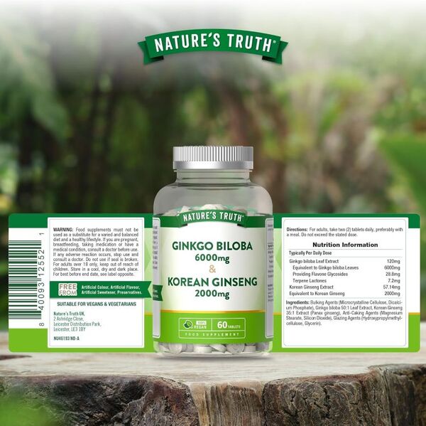 Nature's Truth Ginkgo Biloba and Ginseng supplement 60 tablets, imported from the UK