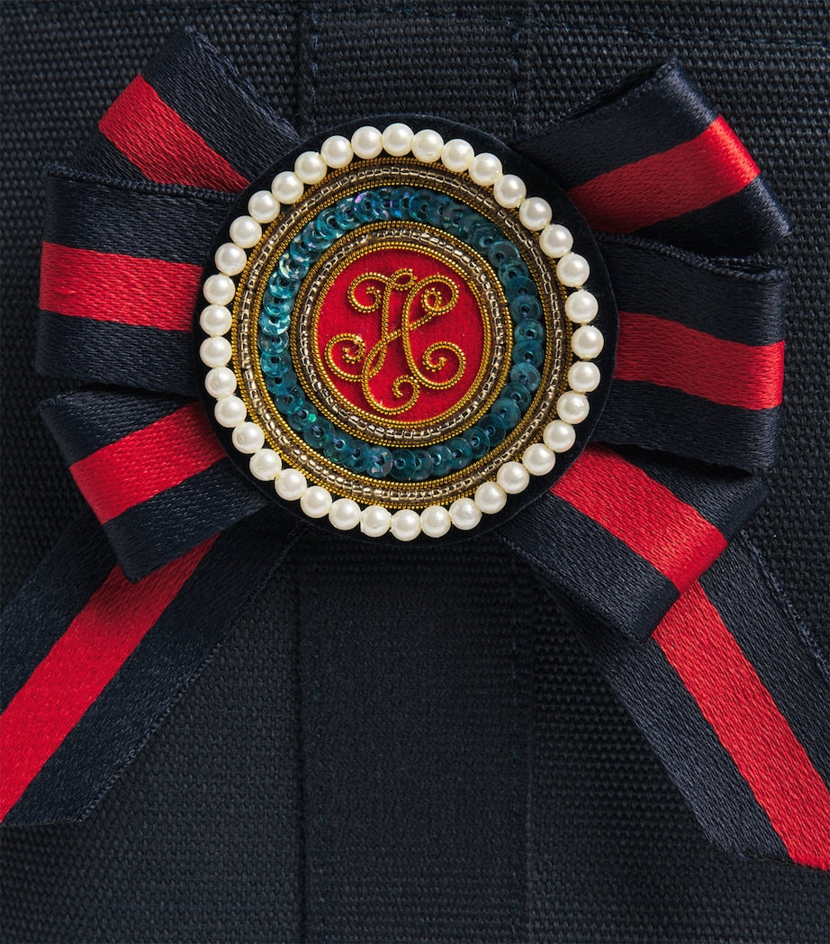 Harrods small cotton canvas tote bag with rosette brooch, imported from the UK
